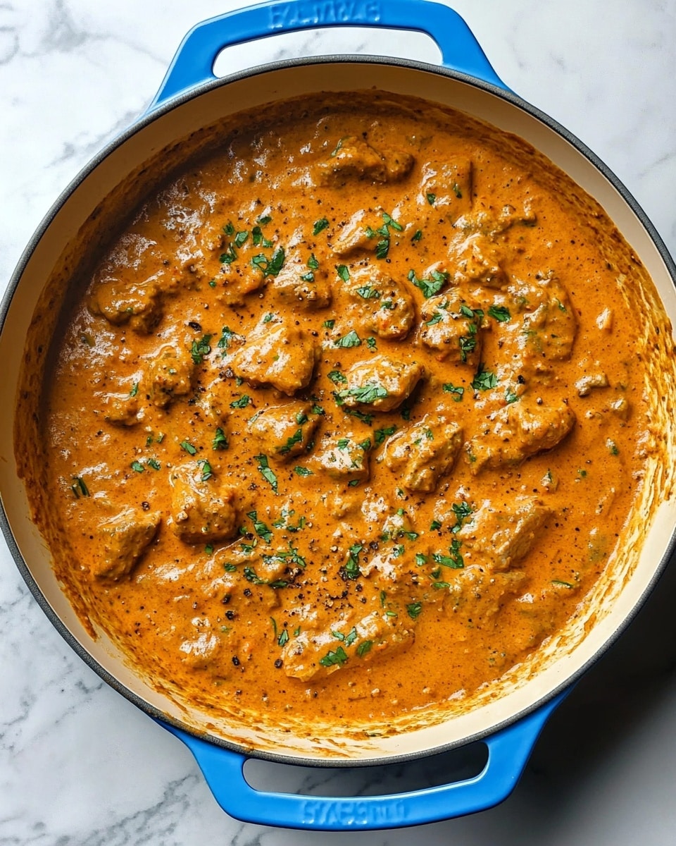 Instant Pot Chicken Tikka Masala, easy Indian chicken curry, quick weeknight dinner ideas, healthy Instant Pot recipes, restaurant-quality Indian food The image shows a white bowl filled with creamy orange curry with chunks of tender meat evenly spread throughout. A woman's hand is holding a wooden spoon dipping into the curry, scooping up some meat and sauce from the center. The curry is topped with a light drizzle of white cream and sprinkled with chopped green herbs that add a fresh touch. Pieces of white flatbread with golden brown spots are arranged around the bowl on a white marbled surface. The bright, warm colors of the curry contrast with the white bowl and bread, creating an inviting and rich look.