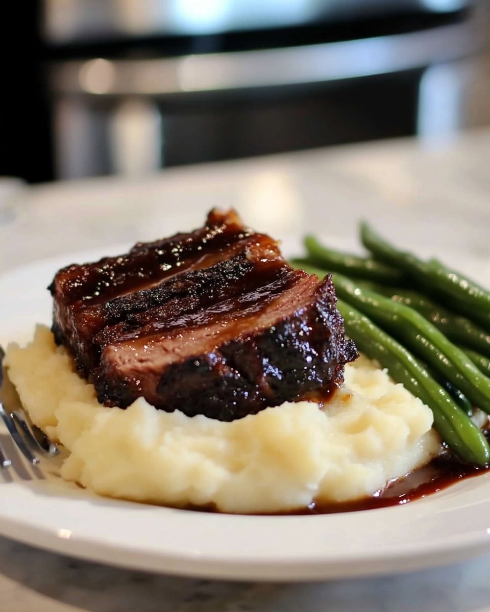 Instant Pot Beef Ribs with Broiled Crispy Bark, easy beef ribs recipe, quick pressure cooker beef ribs, tender beef ribs with crispy bark, flavor-packed beef ribs dinner A white plate with a base layer of creamy mashed potatoes that are smooth and fluffy, topped at the center by a thick slice of dark brown glazed meat with a shiny, sticky sauce. The meat is slightly pulled apart by a fork, revealing soft, tender, stringy texture inside. A few bright green beans rest on the edge of the mashed potatoes, adding a pop of color. The plate is set on a white marbled surface.