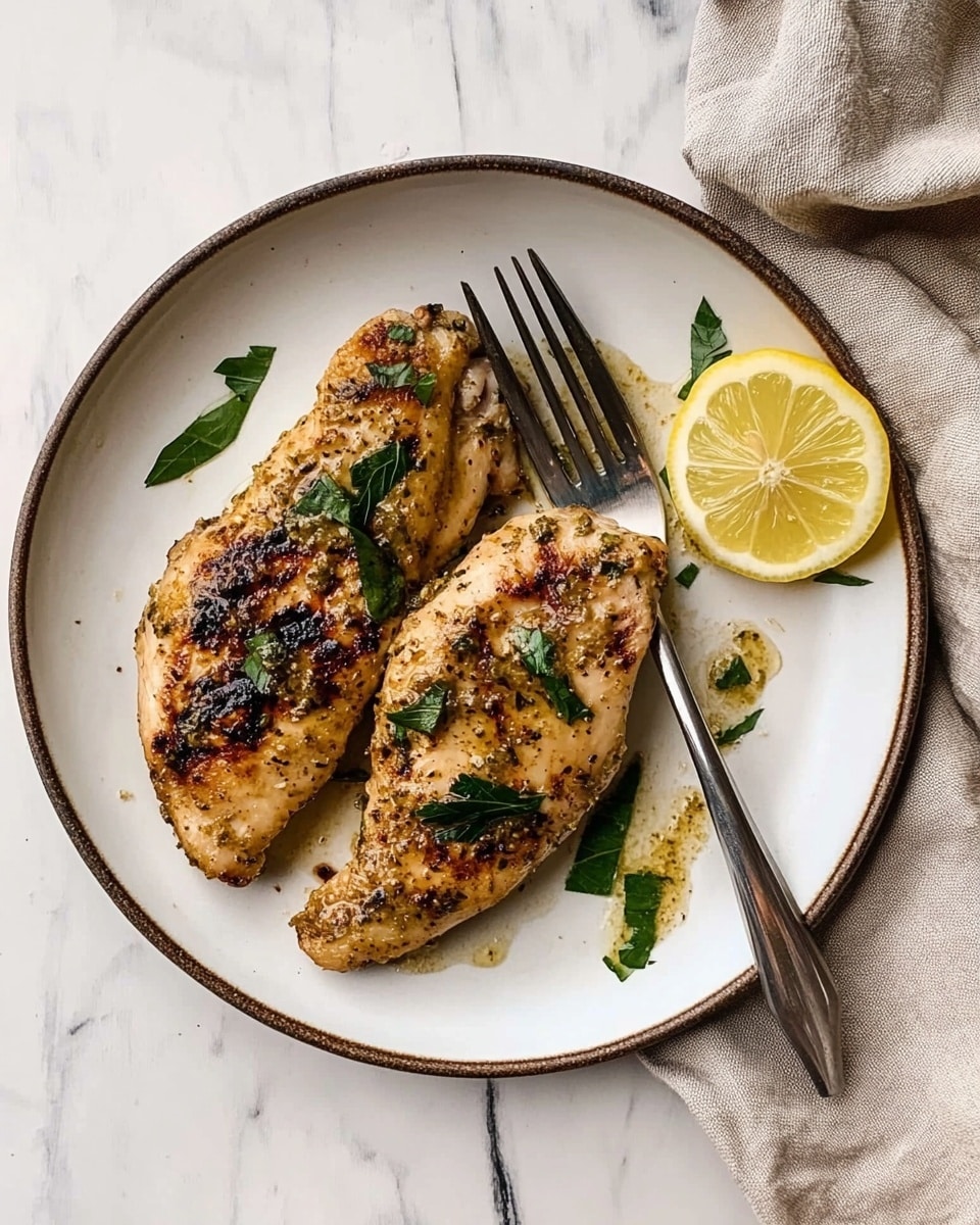 One-Pan Lemon Basil Chicken, Lemon Basil Chicken recipe, easy chicken skillet dinner, quick weeknight chicken, healthy lemon basil chicken Two grilled pieces of seasoned chicken with green herbs on top sit on a round white plate. A silver fork rests on the right side of the plate next to a thin lemon slice. The plate is set on a white marbled surface with a beige cloth napkin to the right.