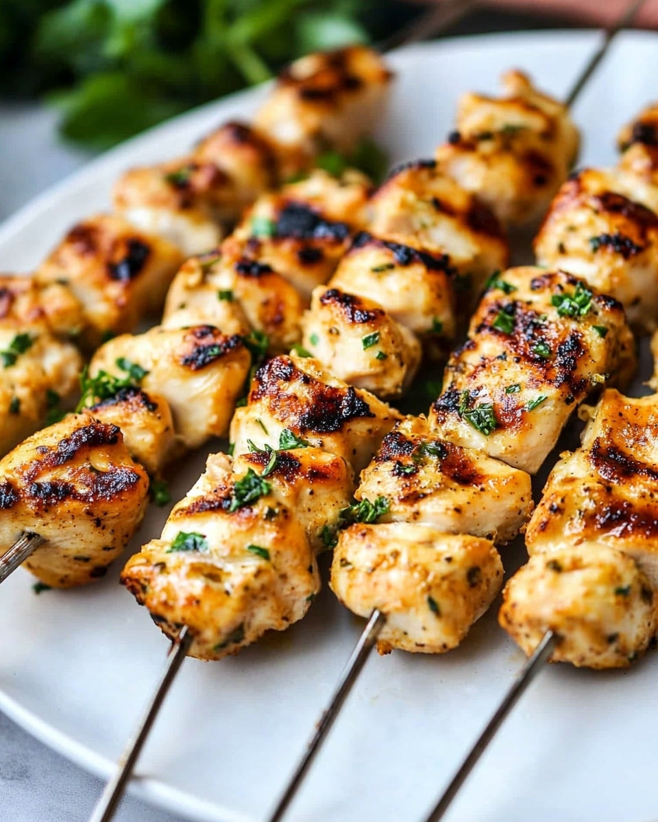 Garlic Parmesan Chicken Kebabs, grilled chicken kebabs, easy chicken skewers, flavorful chicken marinade, summer BBQ chicken The image shows several skewers of grilled chicken pieces stacked close together on a white plate. Each skewer has multiple chunks of chicken with golden brown grill marks and a light char on the edges. The chicken looks juicy with a slightly shiny texture and is sprinkled with finely chopped green herbs. The plate is set on a white marbled surface. The focus is tight on the chicken, showing the details of the herb bits and the grilled surface.