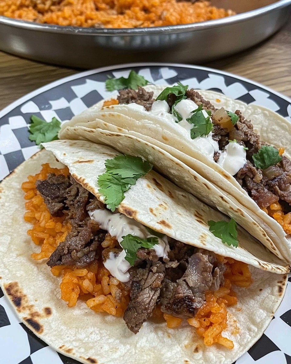 Cheesy Steak Cilantro Lime Rice Wraps, beef and rice wraps, easy steak dinner ideas, quick Mexican-inspired wraps, flavorful dinner recipes Two soft, white tortillas lie on a white plate with a black and white checkered pattern. The top taco shows three layers: at the bottom, a layer of orange rice with a moist texture; in the middle, dark brown cooked beef pieces scattered unevenly; over the beef, white creamy sauce drizzled and some red sauce on the right side; fresh green cilantro leaves are sprinkled on top. The bottom taco is partially folded, revealing the same orange rice, beef, and some green cilantro leaves sticking out. The plate rests on a wooden surface, with a large metal pan filled with more orange rice and beef visible in the background.