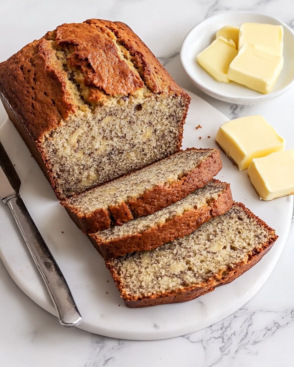 Simple Homemade Banana Bread, easy banana bread recipe, quick banana bread, moist banana bread, beginner banana bread A loaf of banana bread sits on a white marble plate, with four even slices cut and laid out in front of the main loaf. The bread has a golden-brown crust with a moist light brown inside speckled with small darker bits, showing a soft crumb texture. To the upper right of the plate, a small white dish holds four light yellow butter squares. To the left of the plate, a silver butter knife rests on the white marbled surface. The whole scene is brightly lit, showing the warm tones of the bread and the creamy butter clearly.