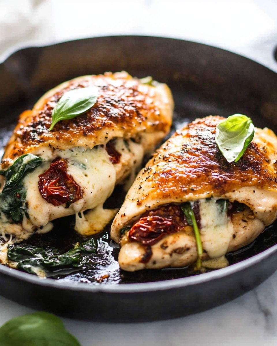 Spinach and Sun-Dried Tomato Stuffed Chicken Breast, stuffed chicken breast recipes, easy chicken breast dinner, healthy stuffed chicken, gourmet chicken recipes Two pieces of stuffed chicken sit in a black cast iron pan on a white marbled surface. Each piece has two layers: an outer golden brown cooked chicken layer folded over, with melted white cheese inside mixed with dark green spinach leaves and reddish-brown sun-dried tomatoes. The cheese is soft and slightly oozing out with some small fresh green basil leaves on top. The pan's black texture contrasts with the light colors of the chicken and filling.