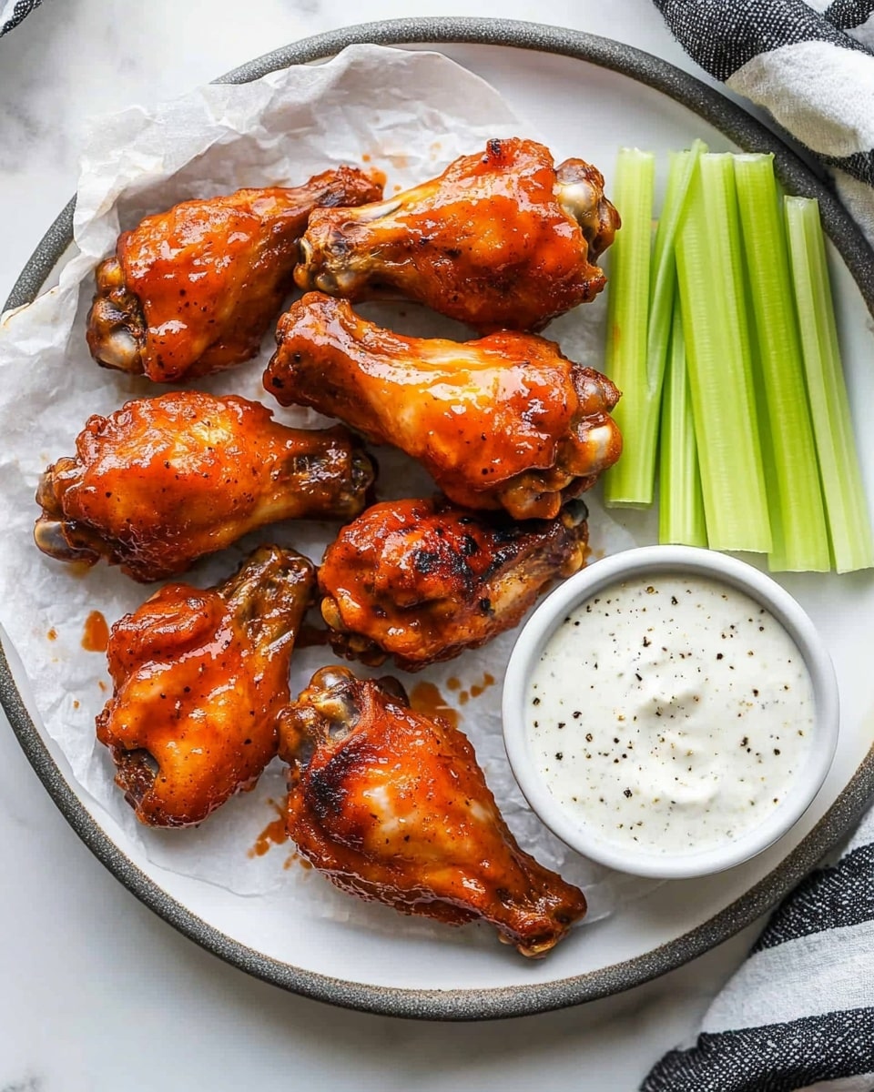 Crispy Baked Chicken Wings, Baked Chicken Wing Tips, Healthy Chicken Wings, Easy Chicken Wings Recipe, Oven Baked Wings A white plate holds seven glazed chicken wings arranged in a loose circle around a small white bowl filled with white dipping sauce speckled with black pepper. On the right side of the plate, several green celery sticks stand neatly stacked. The chicken wings are shiny with a golden brown and reddish glaze, showing a slightly crispy texture. The plate sits on a white marbled surface.