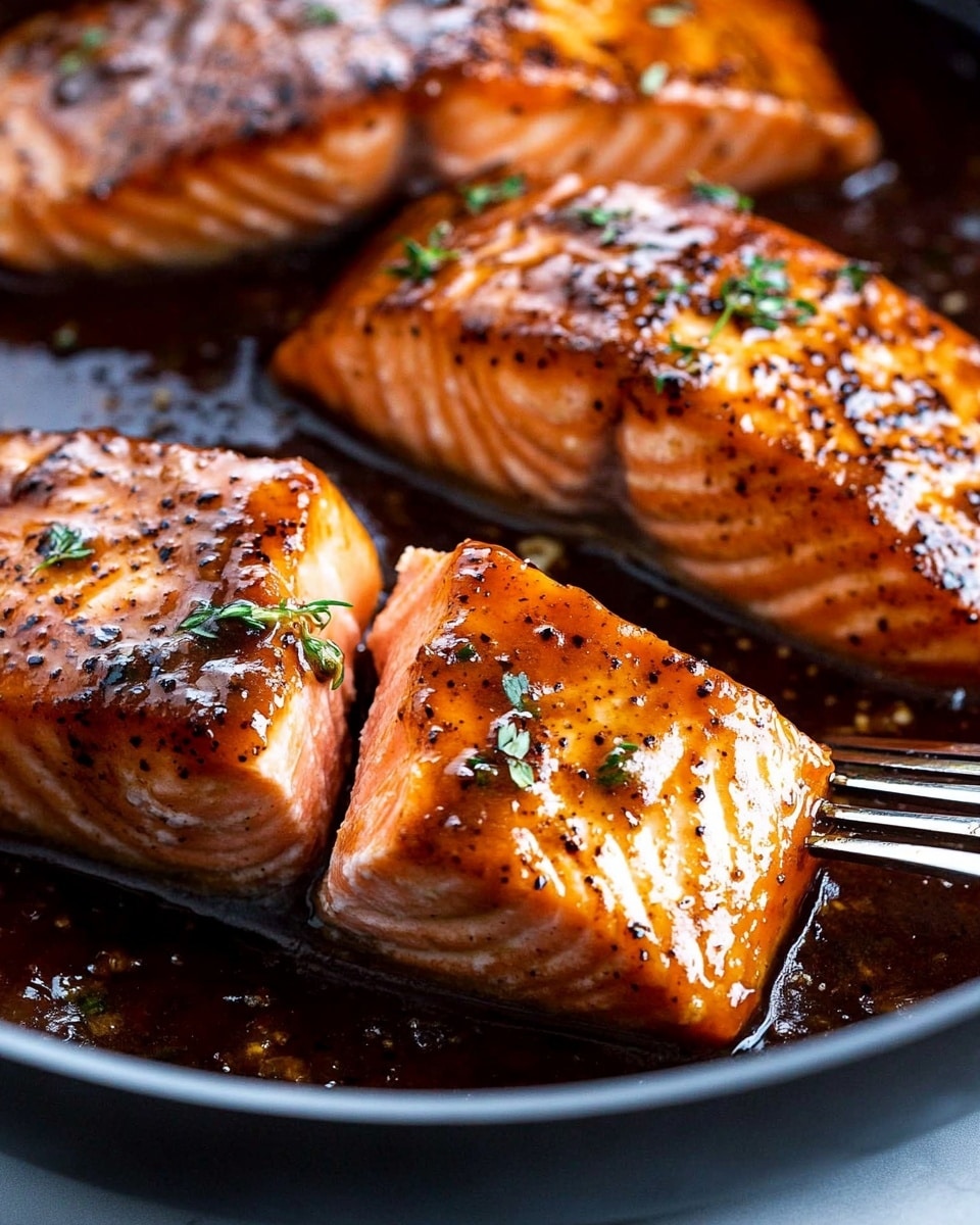 Honey Garlic Soy Glazed Salmon, honey garlic soy salmon, easy salmon dinner, flavorful salmon recipes, quick weeknight salmon The image shows two pieces of cooked salmon fillets in a pan, each coated with a shiny, dark brown glaze that looks thick and sticky. The top layer of the salmon has a caramelized texture with small sprinkles of green herbs and black pepper. One piece of salmon has flakes gently peeling off, revealing the soft, moist, light orange flesh inside. The background is a white marbled texture, and a silver fork touches the edge of the salmon in the foreground. The overall look is rich, flavorful, and fresh.