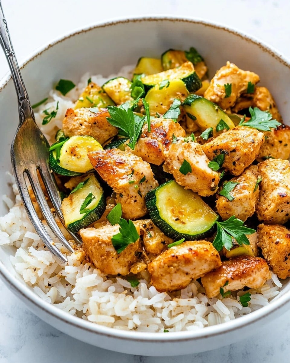 Easy Baked Chicken and Zucchini, baked chicken with zucchini, healthy chicken and zucchini dinner, quick baked chicken recipe, simple zucchini chicken dish The dish is a close-up view of cooked pieces of chicken mixed with chopped zucchini and onion. The chicken pieces are golden brown with a slightly textured surface, scattered evenly across the image. The zucchini slices show a mix of light green and darker green skin with soft yellow flesh, while the onion pieces are translucent white, slightly browned at the edges. Small green cilantro leaves are sprinkled on top, adding a fresh contrast. The colors blend well, showing a mix of warm tones with fresh green highlights on a white marbled surface.