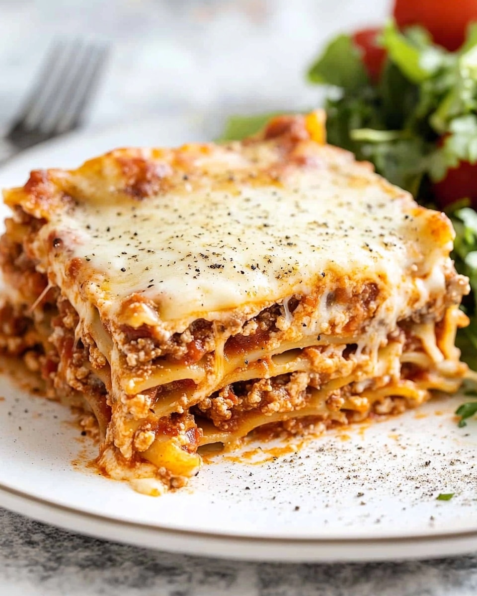 The image shows a single square slice of baked spaghetti on a white plate. The bottom layer is made of thin spaghetti noodles mixed with bits of red tomato sauce. On top of the noodles are small chunks of browned meat and scattered pieces of cheese that have melted into a golden-brown, bubbly crust with some herbs sprinkled on top. The plate sits on a wooden table next to a black and white striped cloth and a metal fork. In the background, there is a glass and part of a dark pan filled with more of the baked dish. The photo is taken with an iphone --ar 4:5 --v 6.1
