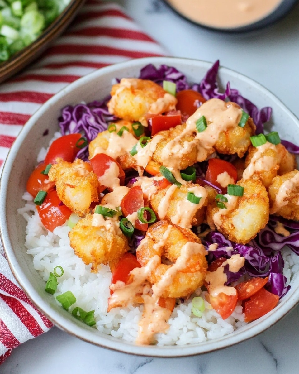 A white bowl filled with white rice at the bottom layer, topped with small crispy golden shrimp, followed by a layer of thin purple cabbage and small pieces of chopped red tomatoes. Drizzled generously on top is a creamy orange sauce and scattered green onion slices add a fresh touch. The bowl sits on a white marbled surface, with a red and white striped cloth partially under it. Photo taken with an iphone --ar 4:5 --v 6.1