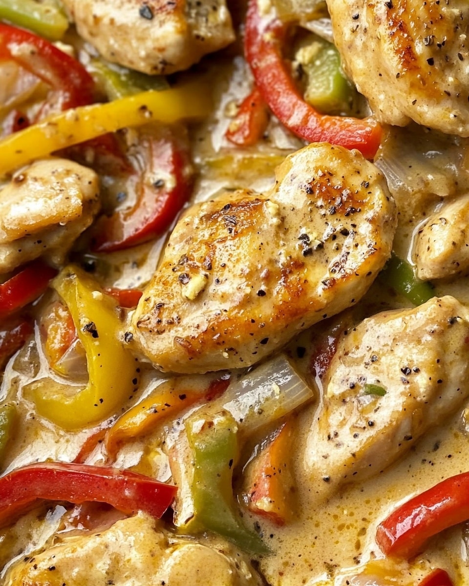 The image shows a black pan filled with a creamy sauce, holding several cooked chicken pieces that are golden brown with some darker grilled marks. On top of the chicken, there are thin slices of bright red bell peppers and green pepper rings scattered throughout the dish. The creamy sauce is light beige and smooth, surrounding the chicken and peppers. A silver spoon is placed inside the pan on the right side, ready to serve. The pan is placed on a white marbled surface. Photo taken with an iphone --ar 4:5 --v 6.1
