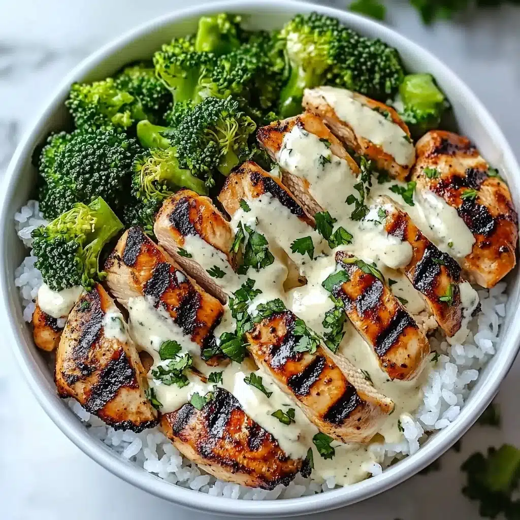 Grilled Chicken Broccoli Bowls with Creamy Garlic Sauce Recipe - Recipe Image