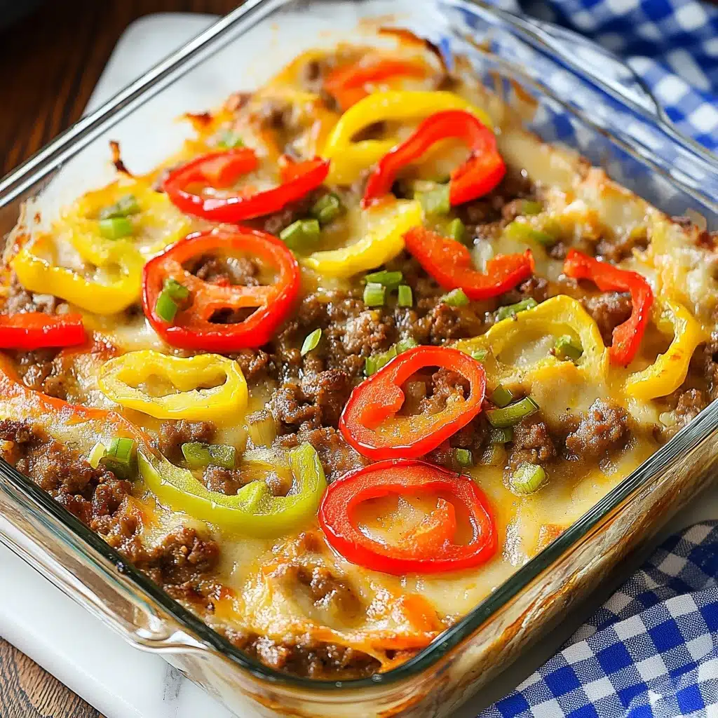 Southern Five Layer Beef Casserole, Layered Beef Casserole Recipe, Easy Southern Beef Casserole, Comfort Food Beef Casserole, Hearty Beef Bake The dish is shown in a clear glass rectangular baking dish, placed on a white marbled surface with a blue and white checkered cloth nearby. The food has three visible layers: the bottom layer is light beige, creamy and smooth, likely a sauce or cheese base. The middle layer contains brown cooked ground meat mixed with sautéed diced onions, giving a slightly chunky texture. The top layer is decorated with circular slices of red and yellow bell peppers and some green sliced peppers, adding bright colors and a fresh look on top. The bell pepper rings are vibrant and glistening, spread evenly across the surface.