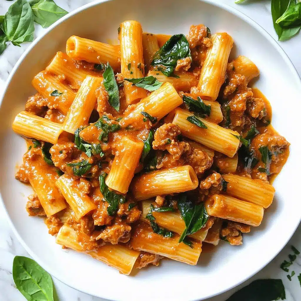 Creamy Sausage Rigatoni, Creamy Sausage Pasta, One-Pan Sausage Dinner, 30-Minute Pasta Meal, Easy Sausage Rigatoni A white plate filled with thick, tube-shaped pasta covered in a red-orange sauce, mixed with small pieces of light brown cooked meat and bright green spinach leaves. The pasta is layered evenly, showing a mix of sauce coating and bits of herbs. The plate sits on a white marbled surface with some green leaves scattered around.