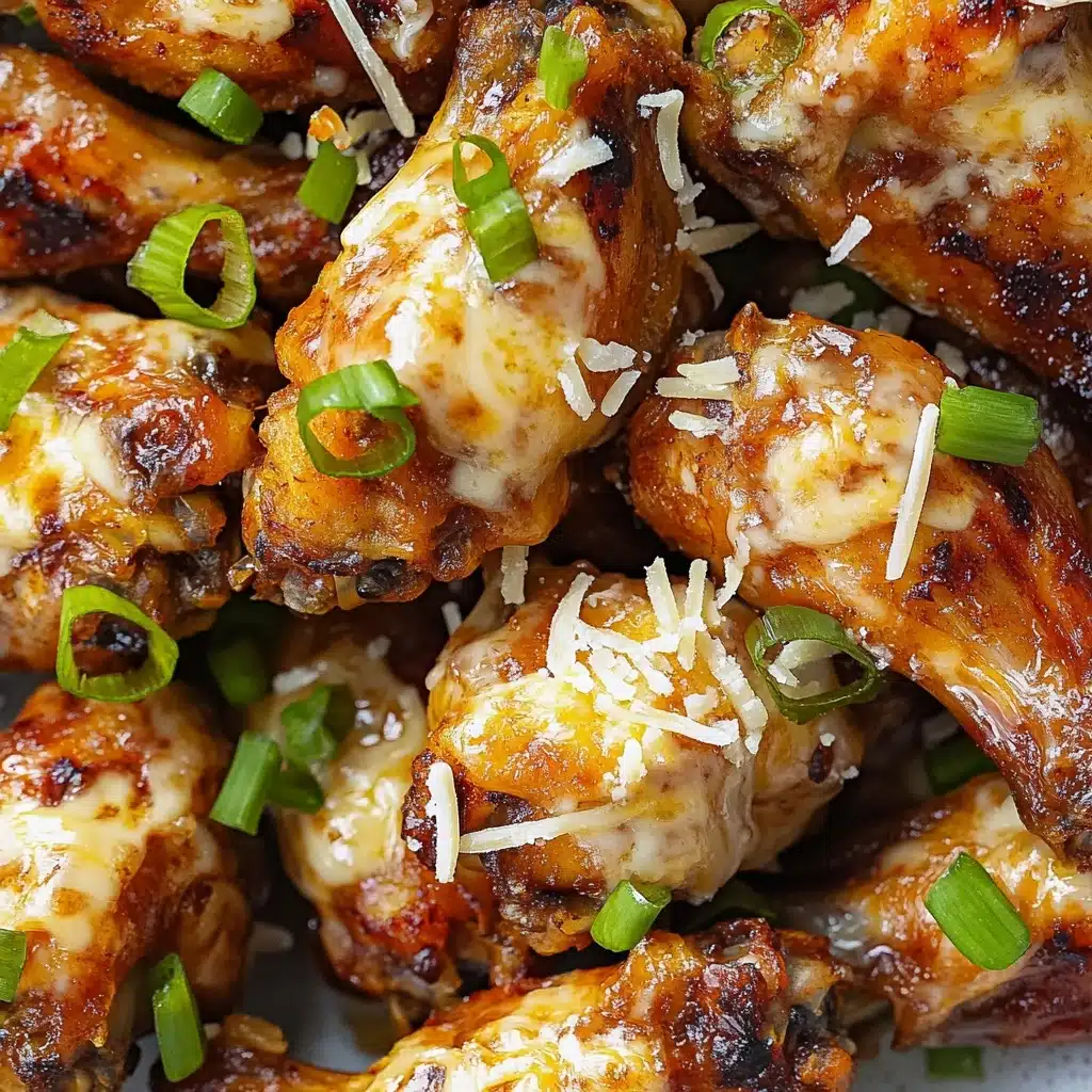 Crock Pot Garlic Parmesan Chicken Wings, easy crock pot chicken wings recipe, flavorful slow cooker chicken wings, crispy garlic parmesan wings, game day chicken wing ideas The image shows a pile of golden-brown chicken wings with a crispy texture on the outside, topped with melted white shredded cheese and sprinkled with bright green sliced scallions. Each wing has a slightly charred, caramelized surface that adds to the texture and color contrast. The wings are packed closely together, showing a juicy and savory look. The background has a white marbled texture.