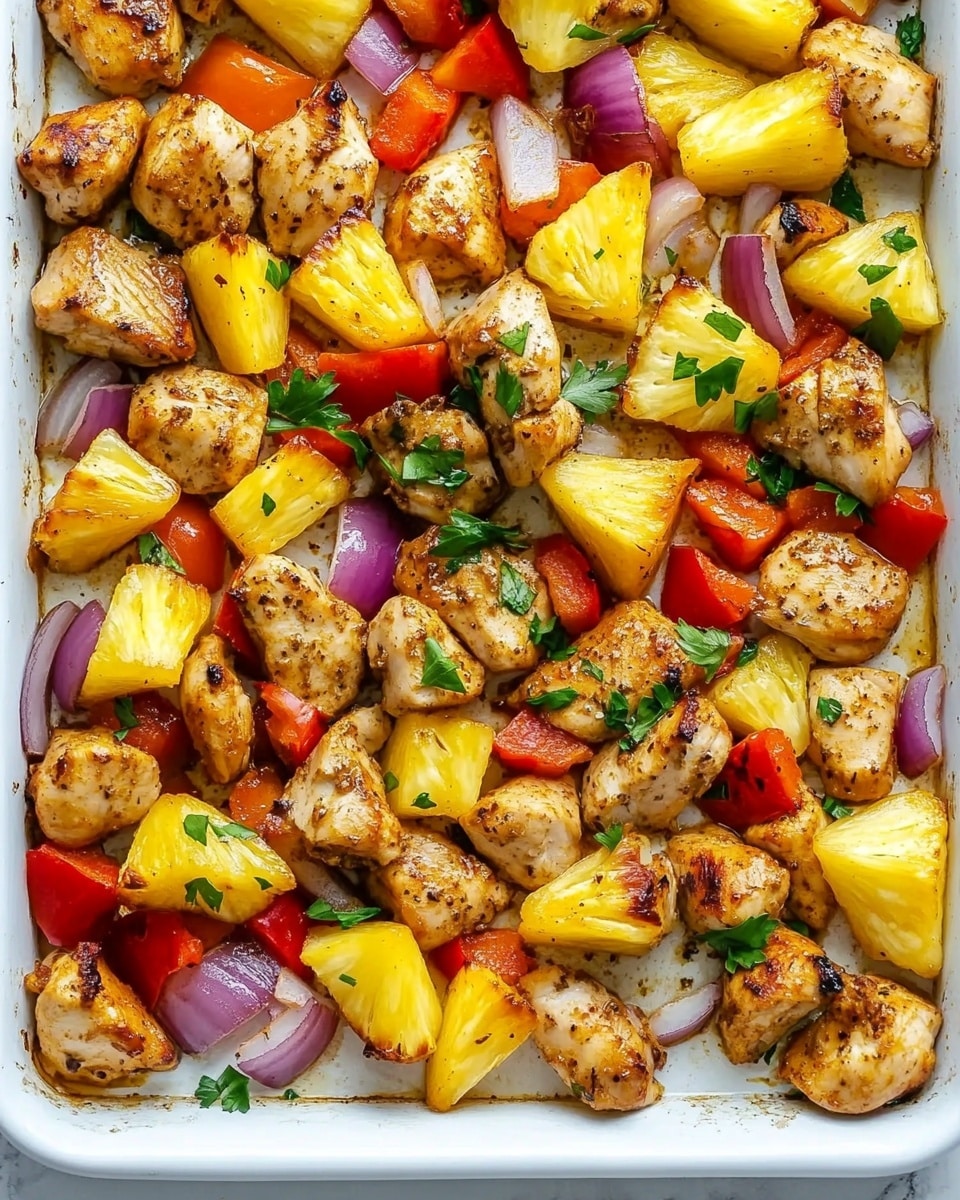 Hawaiian Chicken Sheet Pan Meal, Hawaiian chicken dinner, easy sheet pan chicken recipe, tropical chicken recipe, quick weeknight chicken meal The image shows a white baking tray filled with cooked pieces of golden brown chicken mixed with bright yellow pineapple chunks, red bell pepper slices, and purple onion wedges. The ingredients are spread evenly across the tray, creating a colorful mix with small green parsley leaves sprinkled on top for garnish. The surface underneath the tray is a white marbled texture. The