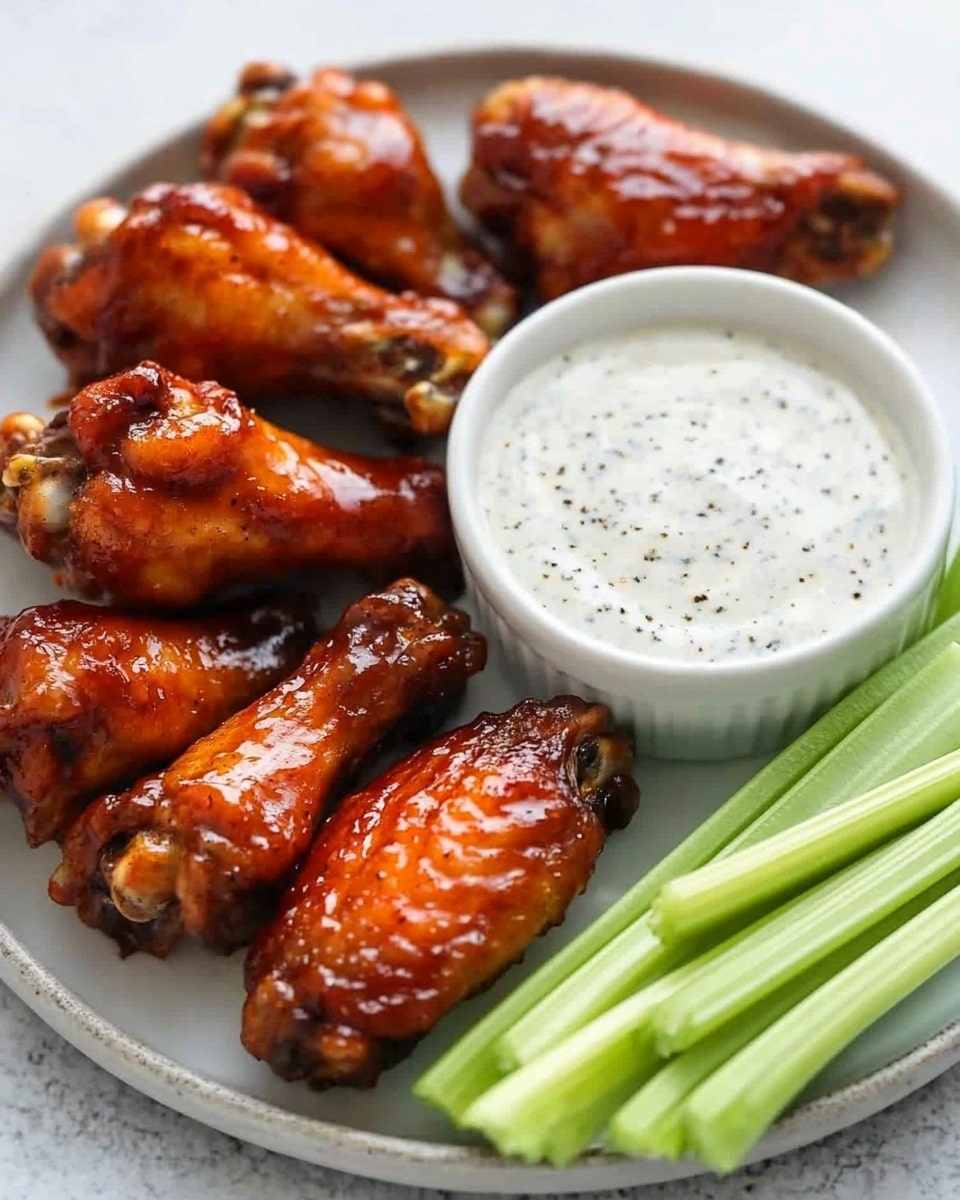 Crispy Baked Chicken Wings, Baked Chicken Wing Tips, Healthy Chicken Wings, Easy Chicken Wings Recipe, Oven Baked Wings The image shows a close-up of several glazed chicken wings arranged on a white plate placed on a white marbled surface. The wings have a deep reddish-brown color with a glossy, sticky texture, sprinkled lightly with black pepper flakes. On the right side of the plate, there are a few light green celery sticks and a small white bowl filled with a white dipping sauce that has a smooth texture and is cracked with black pepper on top. The overall look is vibrant, with the rich color of the wings contrasting against the pale celery and creamy sauce.