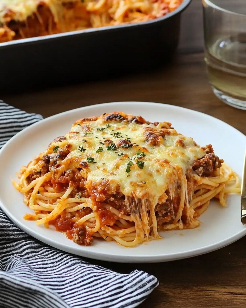A white rectangular baking dish filled with a baked lasagna cut into nine equal square pieces, showing one thick layer of melted, slightly golden white cheese on top with small brown spots and some melted cheese oozing at the edges; beneath the cheese layer, a visible reddish-brown sauce peeks through the edges, suggesting multiple soft pasta layers mixed with sauce, all resting on a white marbled surface with a striped cloth nearby. Photo taken with an iphone --ar 4:5 --v 6.1