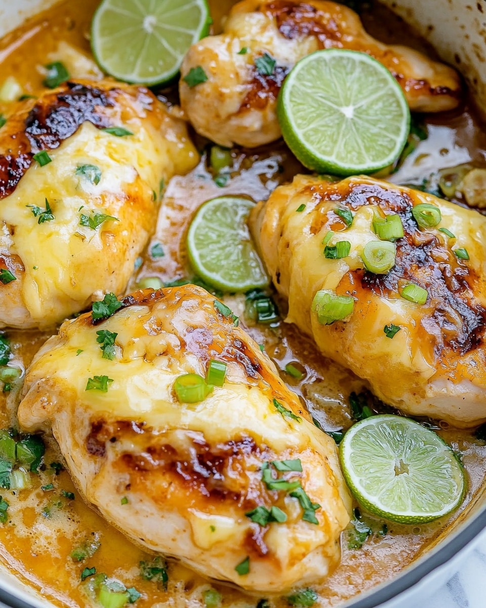 The image shows a close-up of four cooked chicken pieces in a white pan, each topped with melted light yellow cheese and small green onion slices. The chicken has a golden-brown color with a shiny, slightly oily texture from the cooking juices around them. Thin slices of lime with a green rind and pale green inside are placed on top and between the chicken pieces. Fresh small bits of chopped green herbs are sprinkled across the dish, adding contrast to the warm colors. The white pan is slightly stained from the cooking sauce, creating a rustic look on a white marbled surface. Photo taken with an iphone --ar 4:5 --v 6.1