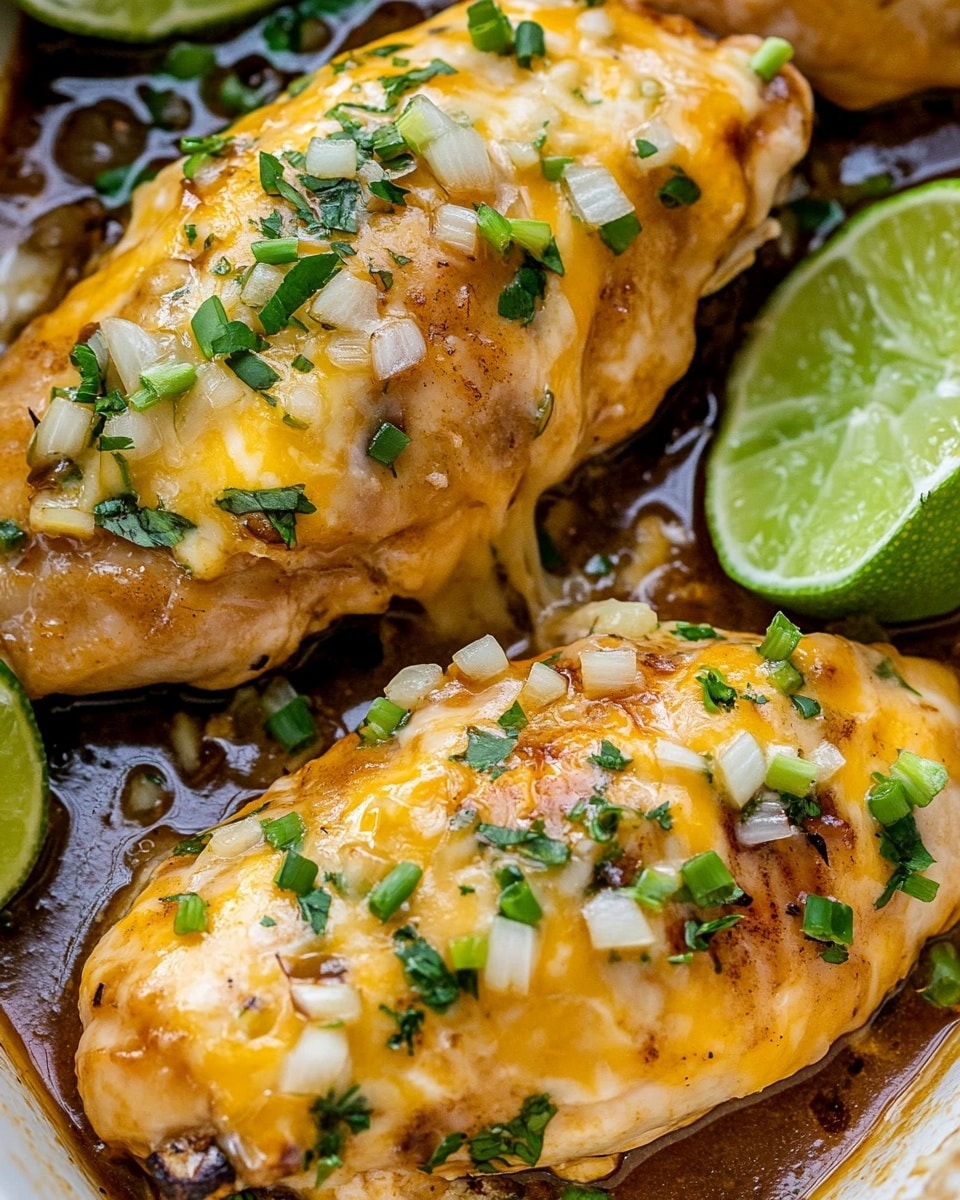 The image shows three pieces of cooked chicken topped with melted yellow and white cheese mixed with small bits of onion. The chicken surfaces are golden and slightly browned, covered with chopped green herbs and sliced green onions. There are also lime wedges placed closely near the chicken, and the food rests inside a pan filled with brown sauce. The background features a white marbled texture. photo taken with an iphone --ar 4:5 --v 6.1