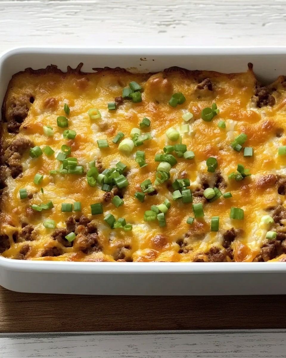 The image shows a white rectangular baking dish filled with a baked casserole. The casserole has multiple layers visible on top: a melted yellow cheddar cheese layer with slightly browned spots, sprinkled with small chopped green onions, and bits of browned meat or beans mixed throughout. The dish is placed on a wooden surface, and the background features a white marbled texture. The colors are warm and inviting, showcasing the melted cheese's texture and the fresh green topping. Photo taken with an iphone --ar 4:5 --v 6.1