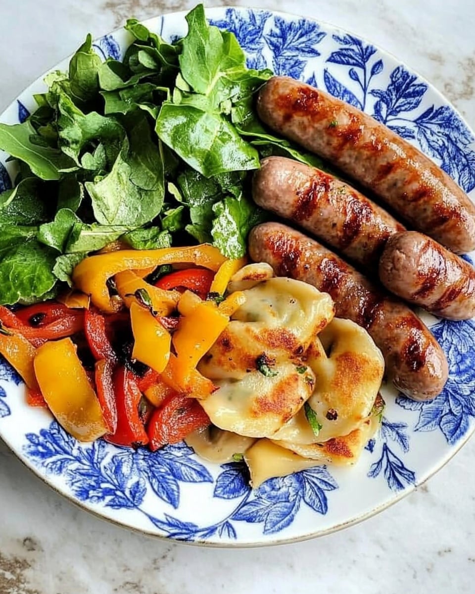 The dish shows a white plate with a blue floral pattern filled with three main layers: at the back, four pieces of golden brown grilled chicken with a slightly charred texture; in the middle, two browned sausages, one sliced to show a pink inside, sitting on a bed of sautéed red and yellow bell pepper strips and white onion slices with a light char; on the left side, a fresh green leafy salad with long, narrow leaves. The plate rests on a white marbled texture. photo taken with an iphone --ar 4:5 --v 6.1