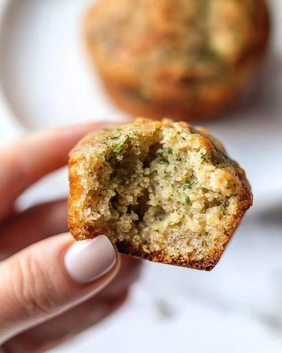 A close-up of a woman's hand holding a piece of soft muffin with a light brown, moist inside that shows small green specks, possibly from herbs or vegetables. The muffin has a slightly rough texture with some air holes visible inside. In the blurred background, a whole muffin sits on a white plate on a white marbled surface. The colors are warm and natural, and the focus is on the bitten piece in the woman's hand. photo taken with an iphone --ar 4:5 --v 6.1