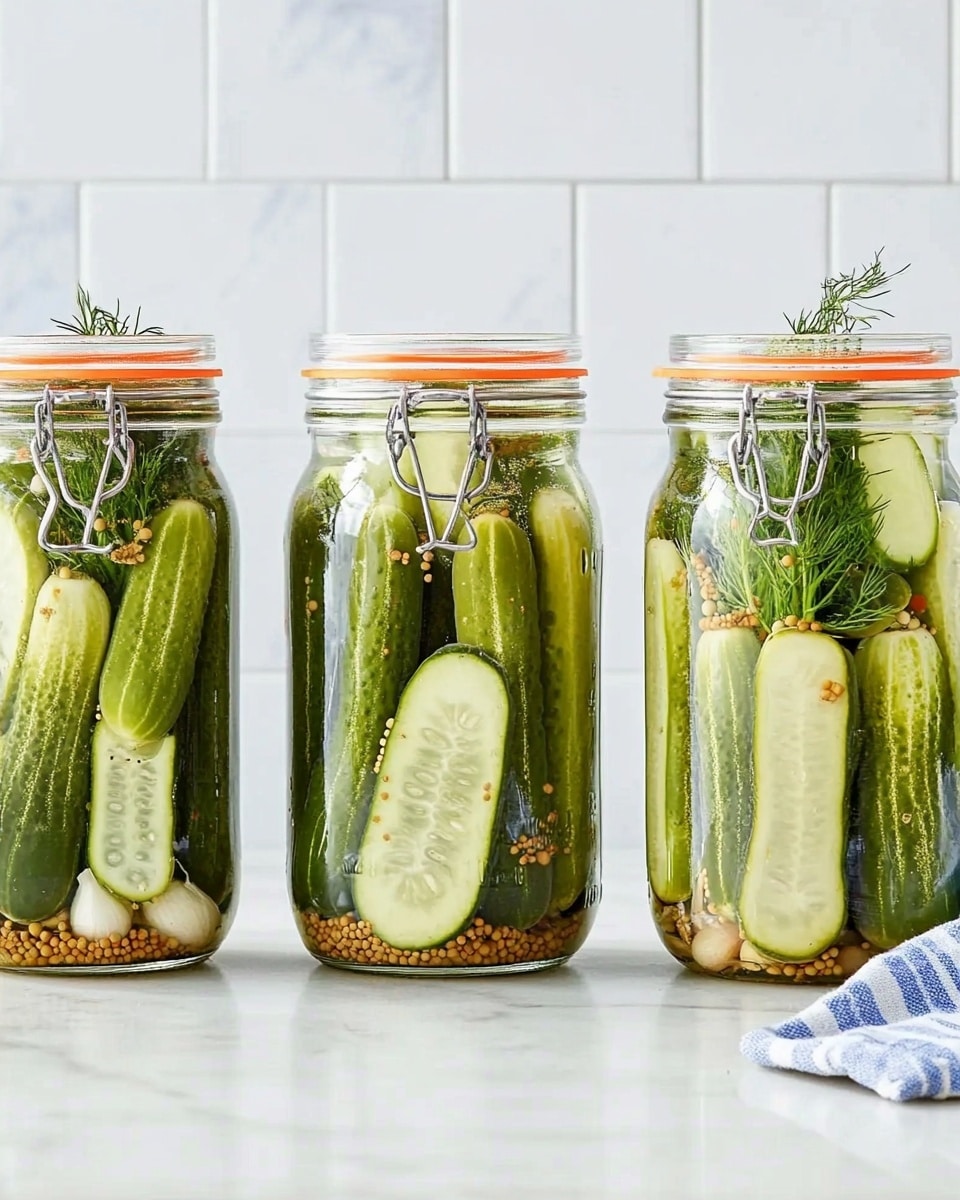 The image shows three clear glass jars filled with pickled cucumbers on a white marbled surface. Each jar holds whole green cucumbers standing vertically, mixed with sprigs of fresh dill, some white garlic cloves, and small round mustard and peppercorn seeds floating in clear pickling liquid. The jars have a red sealing ring and metal clamp tops. The background is made of white tiles. The scene is bright, showing the fresh green and light yellow-green colors of the cucumbers and herbs clearly. Photo taken with an iphone --ar 4:5 --v 6.1