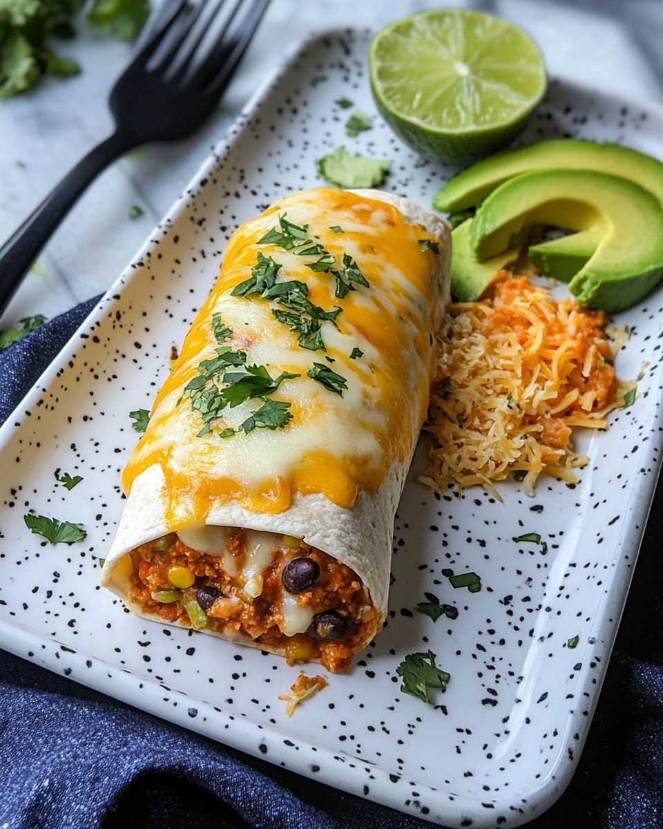 A white rectangular plate with black speckles holds a wrapped burrito topped with melted yellow and white cheese sprinkled with small green herb pieces. To the right of the burrito is a small pile of reddish shredded filling mixed with beans and bits of onion, also sprinkled with green herbs. Slices of bright green avocado fan out in the top left corner of the plate. A halved lime sits near the bottom left edge of the plate. Two black forks rest on the plate near the filling. The plate is set on a dark blue cloth over a white marbled surface with some scattered bits of cheese and herbs around. Photo taken with an iphone --ar 4:5 --v 6.1