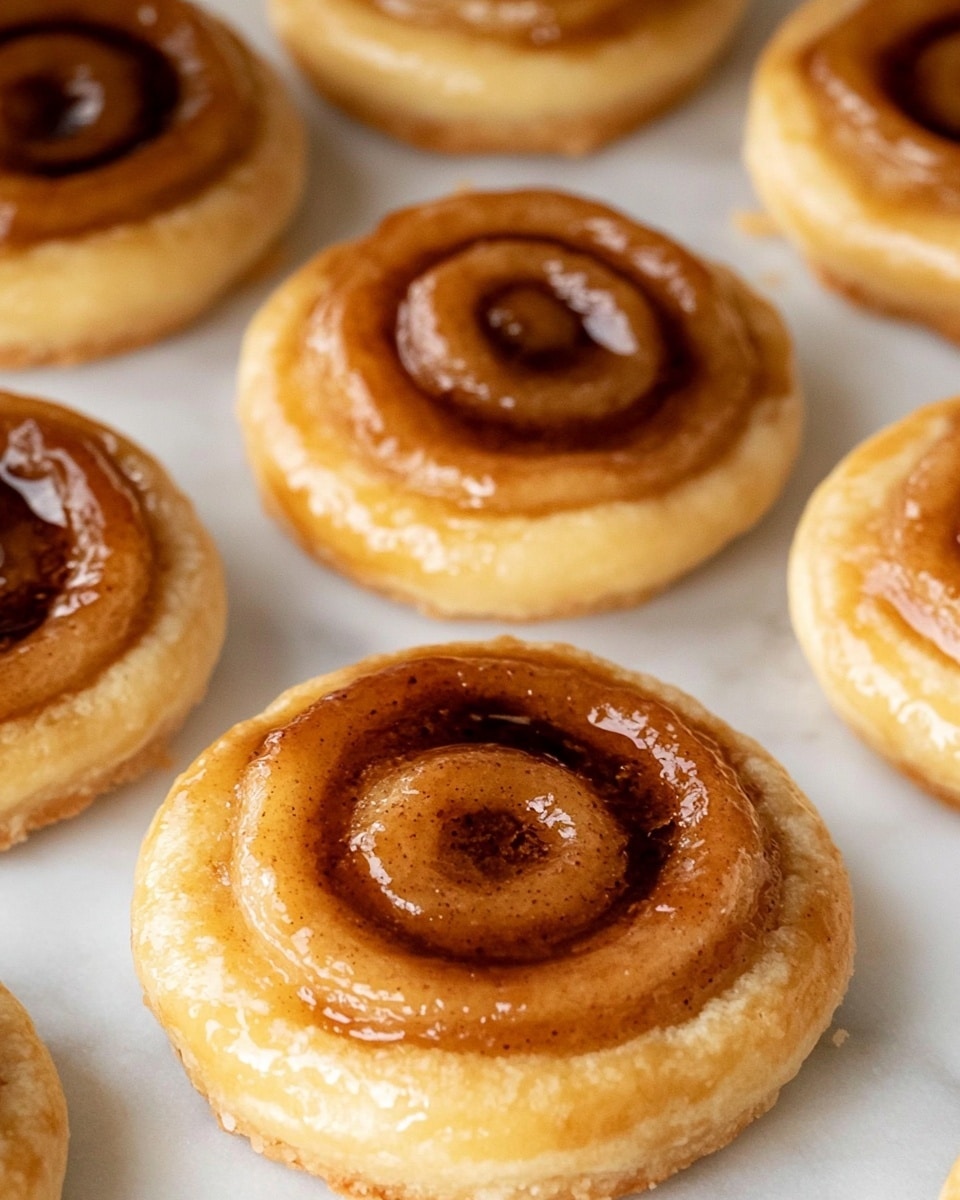 The image shows several small round pastries with two distinct layers. The bottom layer is a light beige, soft-looking cookie base with a slightly rough texture. The top layer is a glossy, caramel-brown swirl that glistens under the light, giving it a shiny, smooth texture with variations of darker cinnamon brown in the center and around the swirls. The pastries are closely placed on a white marbled surface, highlighting their warm golden colors. photo taken with an iphone --ar 4:5 --v 6.1
