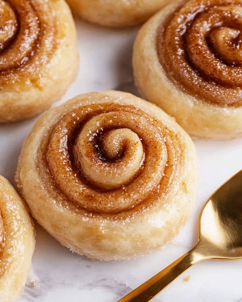 The image shows a close-up of several round cinnamon rolls placed on a white marbled surface. Each cinnamon roll has two clear layers: the base layer is a pale beige dough that is smooth and slightly dusted with sugar, and the top layer is a shiny golden-brown spiral filled with cinnamon and sugar syrup, giving it a glossy and sticky texture. The cinnamon filling is visible as darker brown swirls inside the roll. Next to one cinnamon roll, there is a shiny gold spoon resting on the marbled surface, adding a warm metallic contrast to the soft colors of the rolls. photo taken with an iphone --ar 4:5 --v 6.1