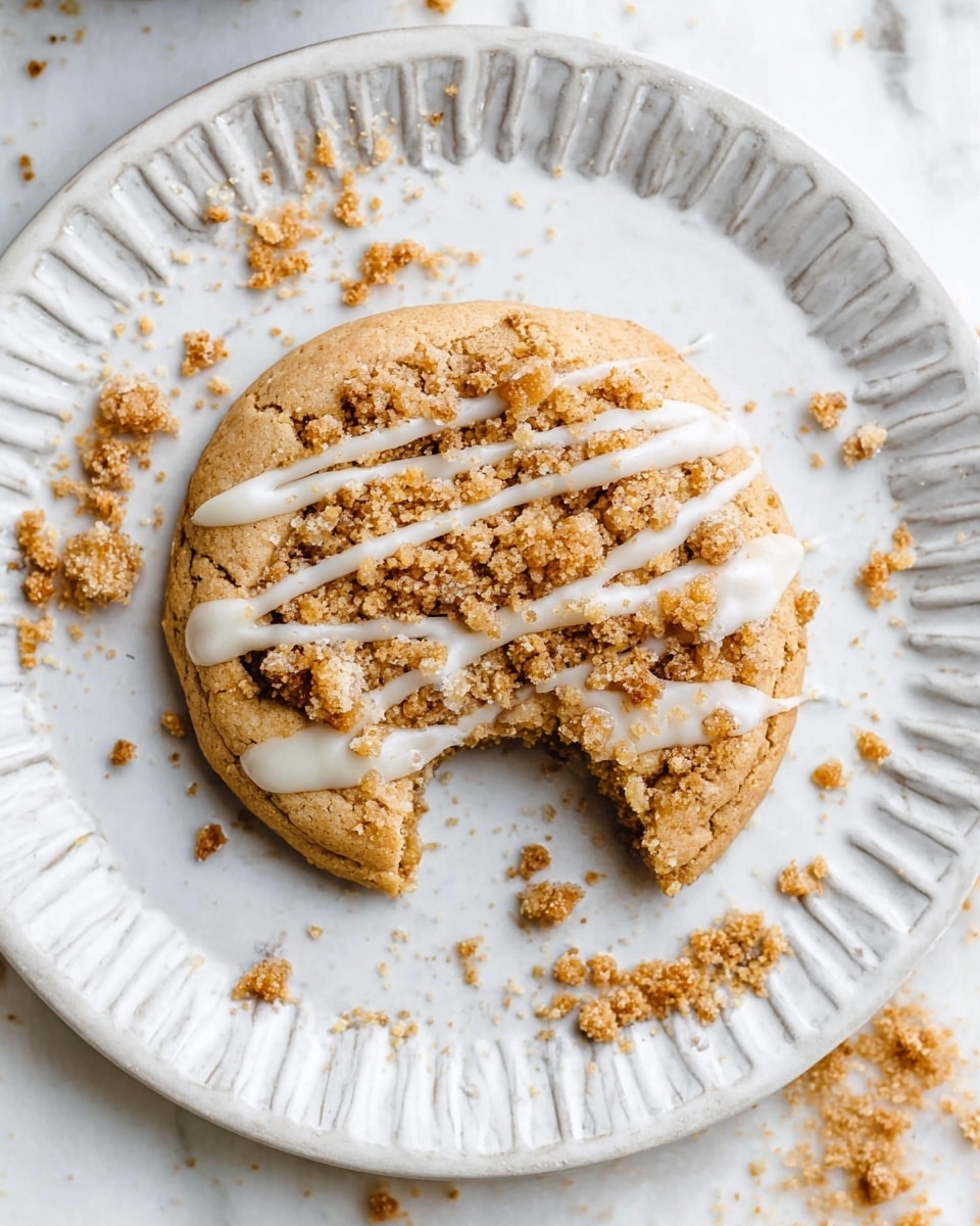 A round, soft cookie with a bite taken out of its right side sits in the center of a white plate with a textured edge design. The cookie has a light golden base topped with scattered crumbly brown streusel pieces and thin white icing drizzled in lines over the top. Crumbs from the streusel are spread around the cookie and on the plate. The whole scene is set on a white marbled surface. photo taken with an iphone --ar 4:5 --v 7