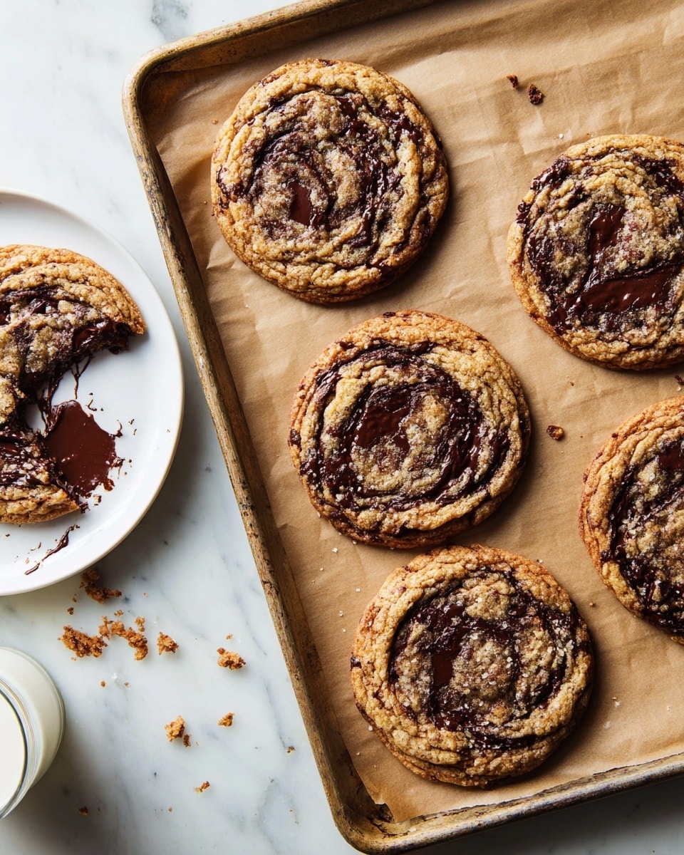 Four large chocolate chip cookies sit on light brown parchment paper over a baking tray, each cookie showing swirls of dark melted chocolate in a golden-brown dough with a slightly cracked texture. To the left, a white plate holds a broken cookie piece with shiny melted chocolate oozing out and crumbs scattered around. The entire scene rests on a white marbled surface, and a glass of milk is partially visible at the bottom left corner. photo taken with an iphone --ar 4:5 --v 7