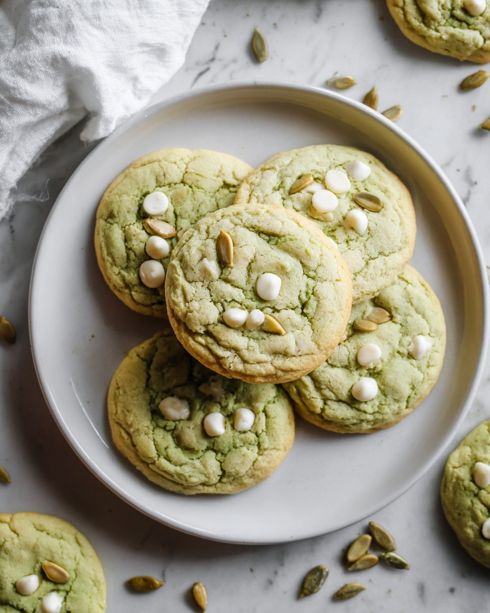 A white plate holds five round cookies with a soft, slightly cracked surface. The cookies have a pale green color, with small white chocolate chips scattered on top, some partially melted. Each cookie has a few sunflower seeds placed randomly, adding texture. The plate is placed on a white marbled surface with a white cloth visible in the top left corner. There are scattered sunflower seeds around the plate. The photo taken with an iphone --ar 4:5 --v 7