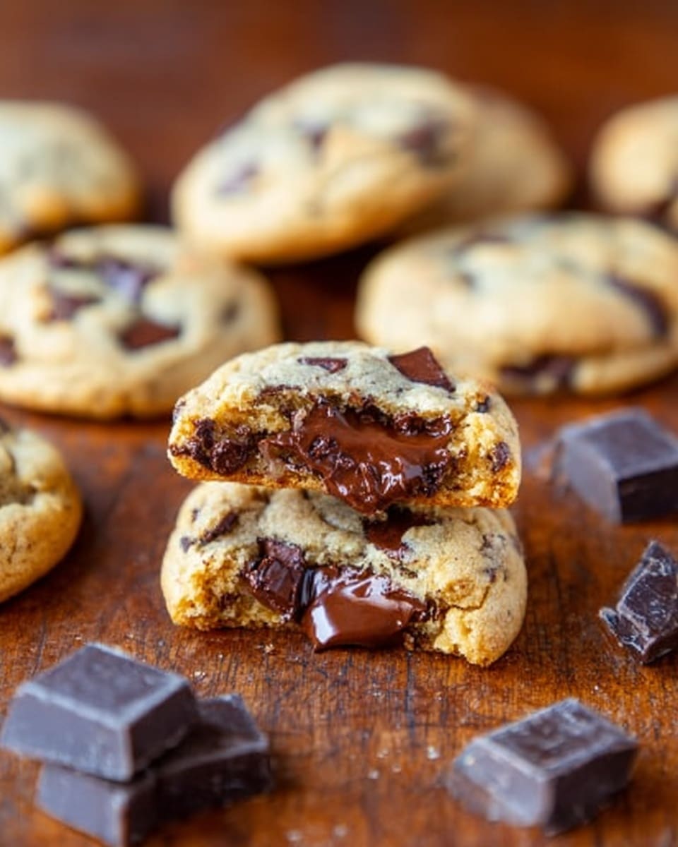 The image shows several soft, round cookies with light golden-brown tops, filled with uneven chunks and smaller bits of melted dark chocolate scattered inside and on top. One cookie is split in half and stacked on another cookie in the center, revealing a gooey melted chocolate layer inside and a chocolate piece embedded in the bottom cookie. Around the cookies, there are several small dark chocolate chunks lying on a wooden surface. The background is out of focus, highlighting the texture of the cookies and the chocolate pieces closely. photo taken with an iphone --ar 4:5 --v 7