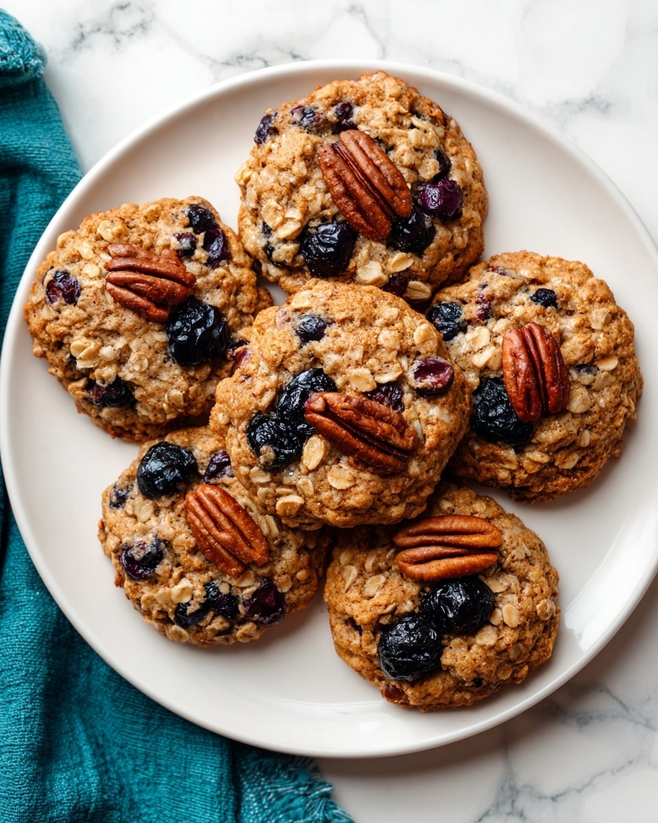 A white plate holds seven round oatmeal cookies. Each cookie has a light brown, crumbly texture and is filled with dark blue or black berries and whole pecan halves. The cookies are uneven in shape, showing a homemade look with visible oats and nuts. The plate rests on a white marbled texture surface, with a small part of a teal cloth visible at the edge. Photo taken with an iphone --ar 4:5 --v 7