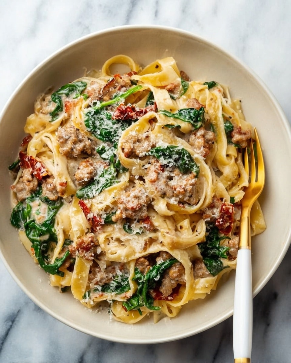 This image shows a large white pan filled with creamy fettuccine pasta mixed with three main layers of ingredients: wide, flat noodles in a light beige color form the base; scattered pieces of cooked light brown sausage add texture; fresh spinach leaves bring green patches throughout; and small chunks of sun-dried tomatoes add touches of deep red. The sauce is creamy and smooth, coating all the ingredients evenly. The pan sits on a white marbled surface with a red and white striped cloth partially seen at the bottom. Photo taken with an iphone --ar 4:5 --v 7