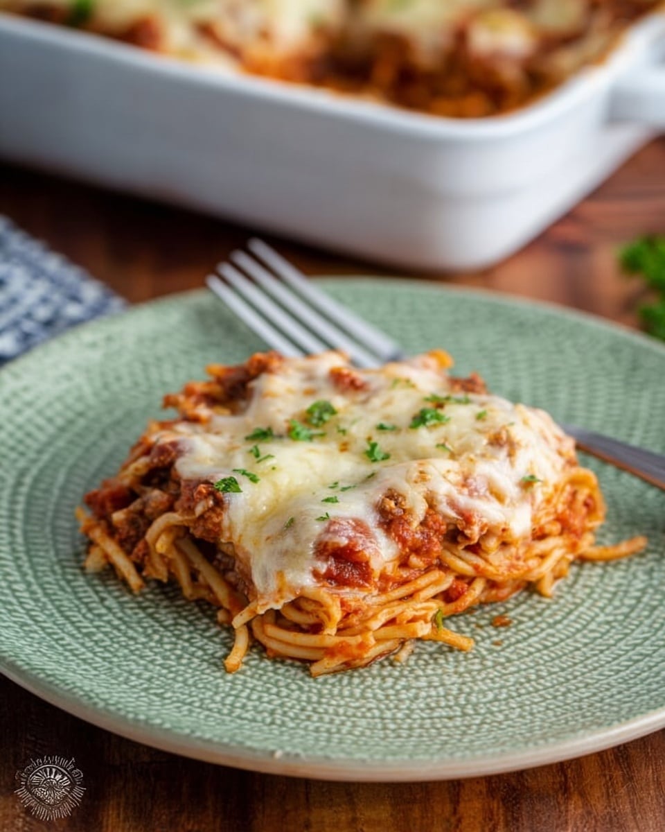 A serving of spaghetti bake sits on a white plate with a textured light green rim. The dish shows a thick bottom layer of baked spaghetti pasta, topped fully with a generous melted cheese layer that is bubbly and slightly browned. Small bits of tomato sauce peek through the cheese. Light green chopped herbs are sprinkled on top for a fresh look. A silver fork rests on the plate near the top edge. The plate is set on a wood table, with part of a white baking dish filled with more spaghetti bake visible in the background. photo taken with an iphone --ar 4:5 --v 7