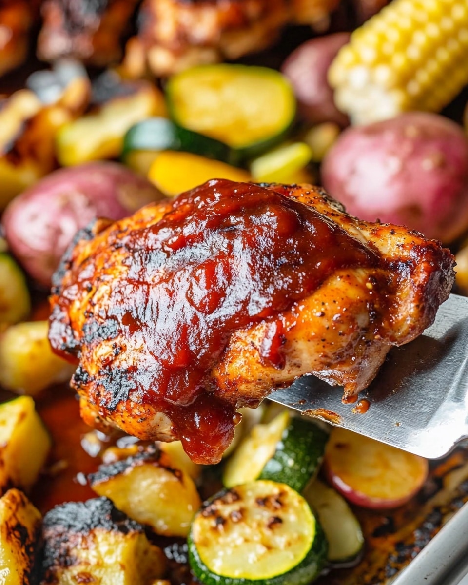 A close-up view of a single piece of grilled chicken with a thick layer of dark red barbecue sauce on top, held by a metal spatula. Under the chicken, there are chopped yellow and green zucchini and red bell pepper visible, along with quartered baby red potatoes. The chicken and vegetables are on a baking tray with more grilled vegetables and chicken pieces in the blurred background. Some foil-wrapped corn is seen behind the tray. The whole scene is on a white marbled surface. Photo taken with an iphone --ar 4:5 --v 6.1