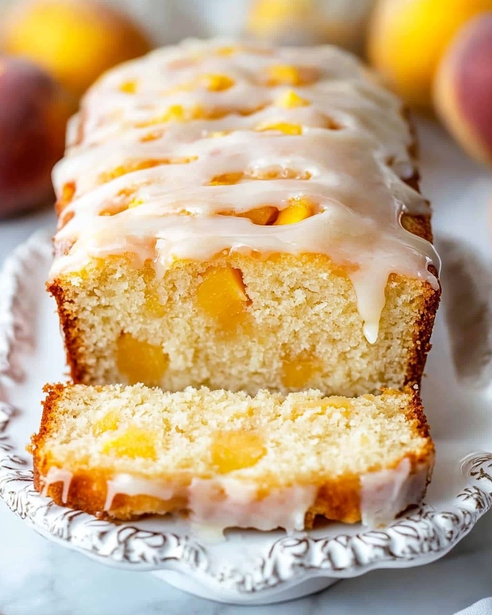 A loaf-shaped cake with a light golden-brown crust sits on a white plate with ornate edges, positioned on a white marbled surface. The top layer of the cake is thickly covered with a creamy white glaze that drips slightly down the sides, showing a shiny, smooth texture. Inside the cake, soft yellow pieces are visible, likely peach chunks, giving a slightly uneven surface on top. In the background, three whole peaches with reddish and yellow tones rest gently against the wooden backdrop, adding a warm, fresh fruit element to the scene. Photo taken with an iphone --ar 4:5 --v 6.1