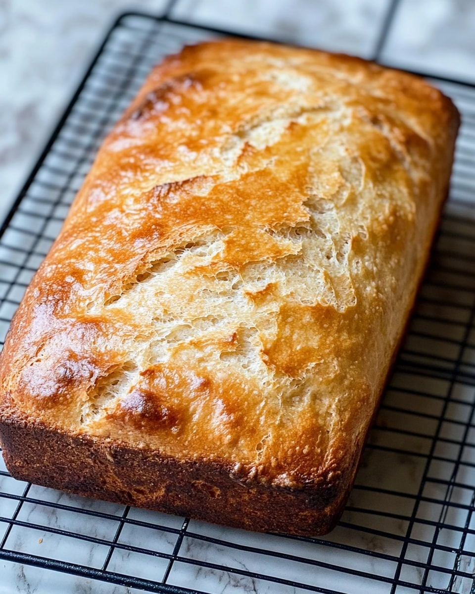 A single rectangular loaf of golden brown bread sits on a black cooling rack. The bread has a slightly cracked top with a rough, crunchy texture, showing variation in color from light golden on the edges to a deeper brown near the sides. The loaf's sides are darker and firm, creating a crispy crust that contrasts with the softer, pale-yellow inside visible through the cracks. The background is a white marbled surface. photo taken with an iphone --ar 4:5 --v 6.1