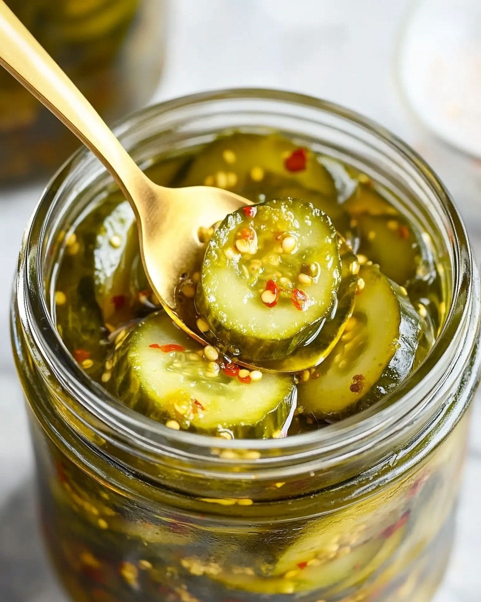 A clear glass jar is open and filled with sliced pickles soaked in a yellow-green liquid with visible small seeds and spices throughout. The jar is full, with the pickles tightly packed and some resting on top above the liquid. Behind it, there are three closed jars of the same kind with silver lids. The jars are placed on a white marbled surface, and a white and gray-textured cloth is seen on the left side. The jar lid lies open on the right side, showing a white inner part. Photo taken with an iphone --ar 4:5 --v 6.1