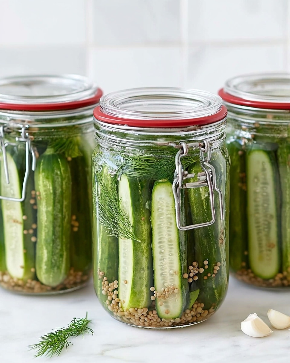 The image shows four tall clear glass jars filled with long green cucumbers standing upright inside. Each jar also contains green dill and white garlic cloves layered among the cucumbers. Clear liquid is being poured into the second jar from the right from a measuring cup held by a woman's hand above the jars. The jars are placed on a white marbled surface and the background shows a white tiled wall. Photo taken with an iphone --ar 4:5 --v 6.1
