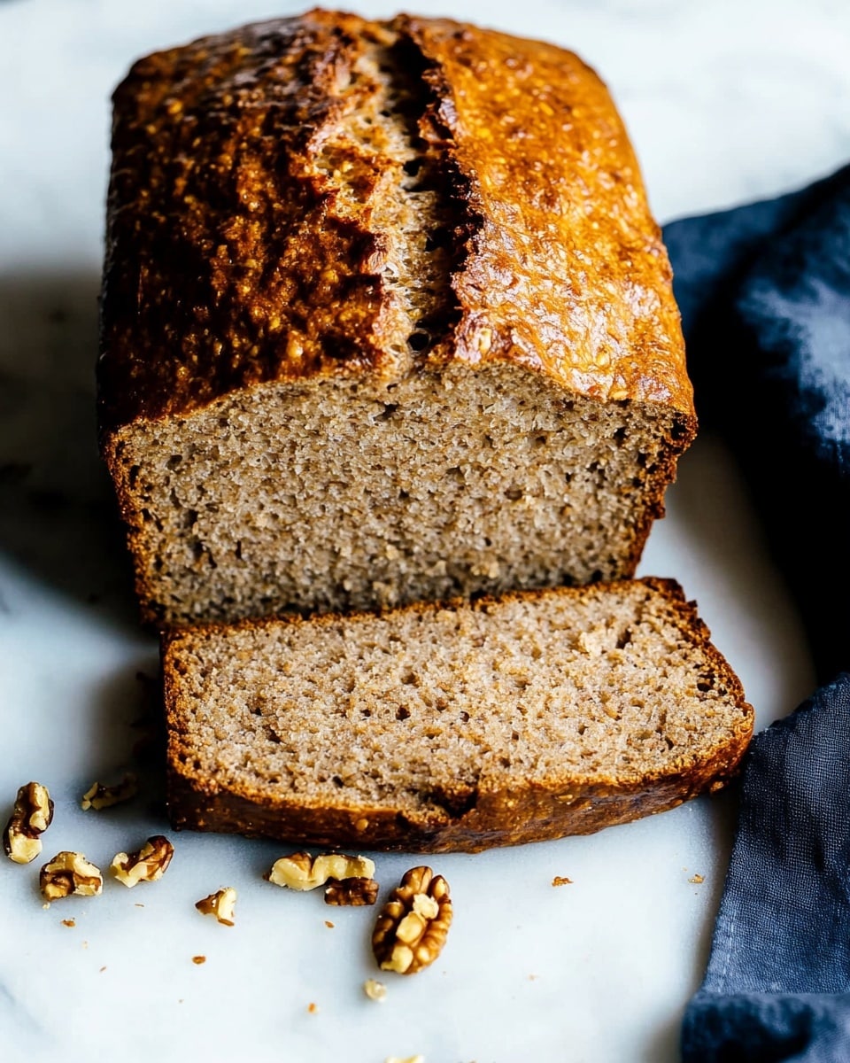 A loaf of brown bread with a glossy golden crust sits on a white marbled surface, partially sliced to show its dense, moist interior filled with small pieces of nuts. Two slices are stacked in front of the main loaf, revealing the textured crumb studded with walnut bits. The edge of a dark blue cloth is visible on the right side of the image, adding contrast. Crumbs from the bread are scattered lightly near the slices. Photo taken with an iphone --ar 4:5 --v 6.1