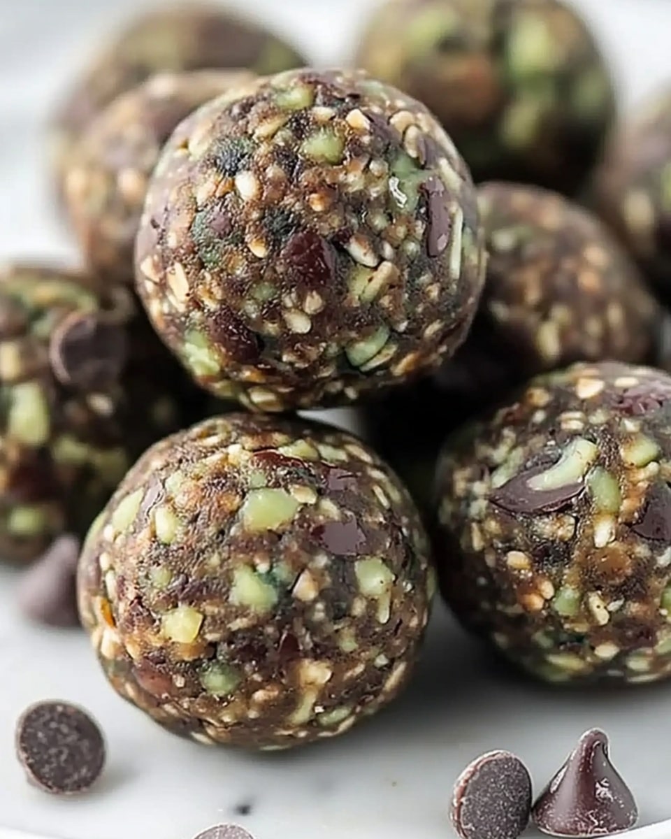 The image shows a close-up of several round energy balls stacked on a white plate. Each ball is covered with small chocolate chips and light green bits, giving a mix of dark brown and green colors on the surface. The balls have a textured look from the chips and bits covering them. Around the plate, there are some loose chocolate chips scattered on a white marbled surface. The lighting is soft, making the balls look fresh and tasty. photo taken with an iphone --ar 4:5 --v 6.1