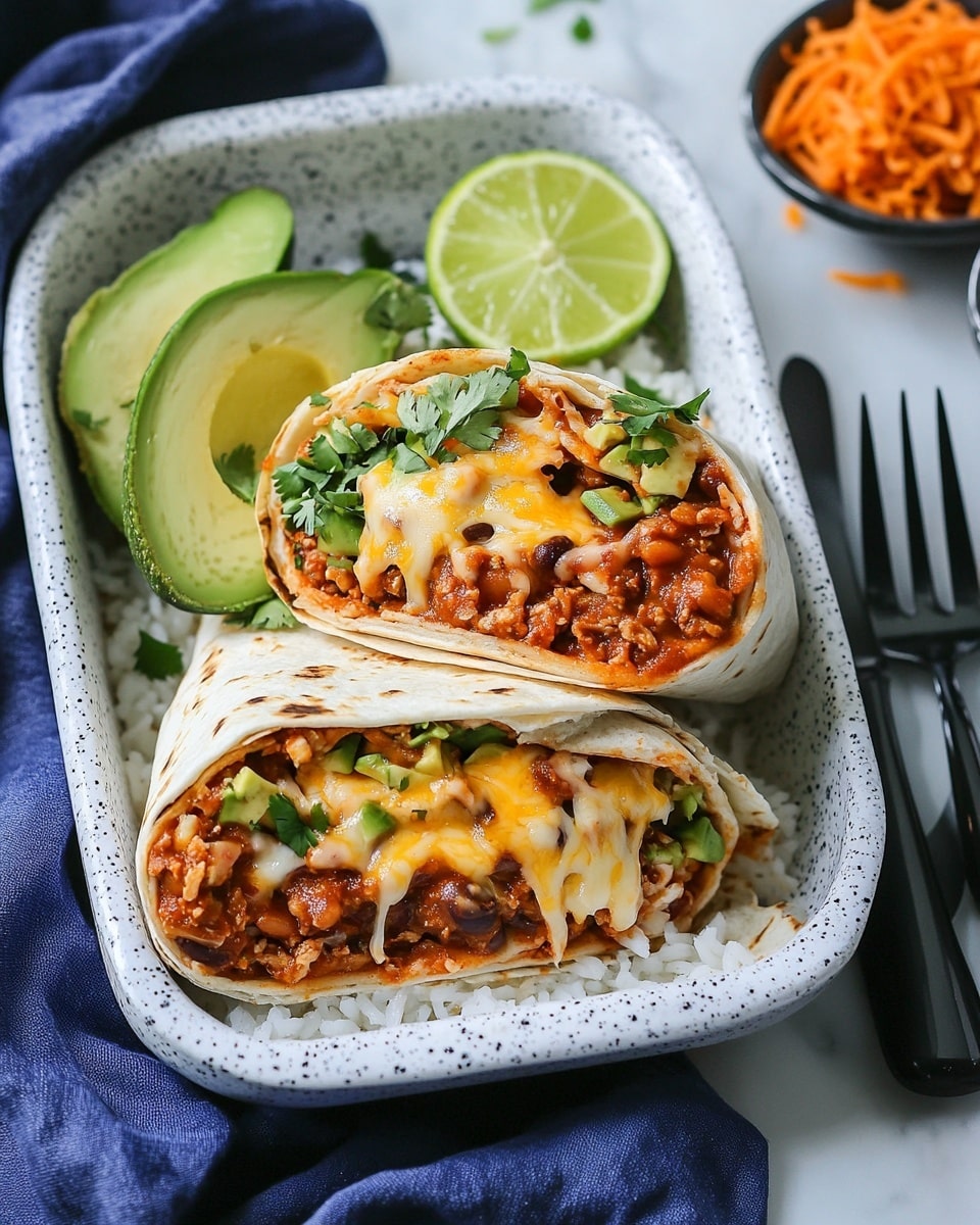 A white speckled rectangular dish holds two halves of a wrap, each with three layers: the outer soft white tortilla, a middle layer of white rice, and an inner layer of shredded brownish-red meat mixed with beans and sauce, topped with melted yellow cheese and small green herb pieces. Next to the wrap are several slices of green avocado fanned out, a half lime with a light green flesh, and a small mound of orange-red shredded meat with herbs. A black fork and knife rest on the dish’s edge. The background shows a blue cloth on a white marbled surface. Photo taken with an iphone --ar 4:5 --v 6.1