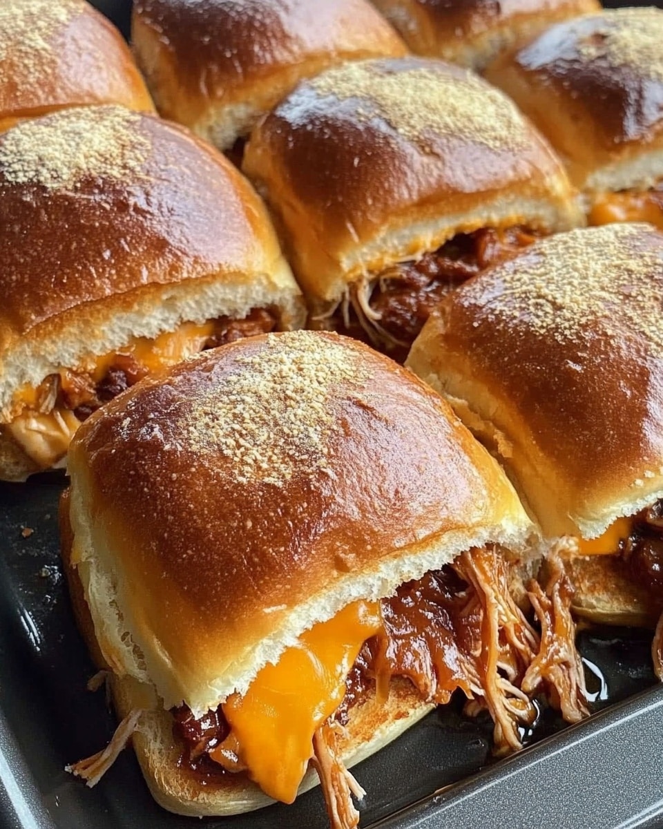 A close-up view of a pulled chicken sandwich held by two woman's hands. The sandwich has three visible layers: the top layer is a light golden brown soft biscuit with a cracked texture, the middle layer is crispy dark brown bacon, and the bottom layer is juicy shredded pulled chicken coated in a red barbecue sauce mixed with melted yellow cheddar cheese. The sandwich is held above a black tray with more similar sandwiches in the blurry background. The surface below is a white marbled texture. photo taken with an iphone --ar 4:5 --v 6.1