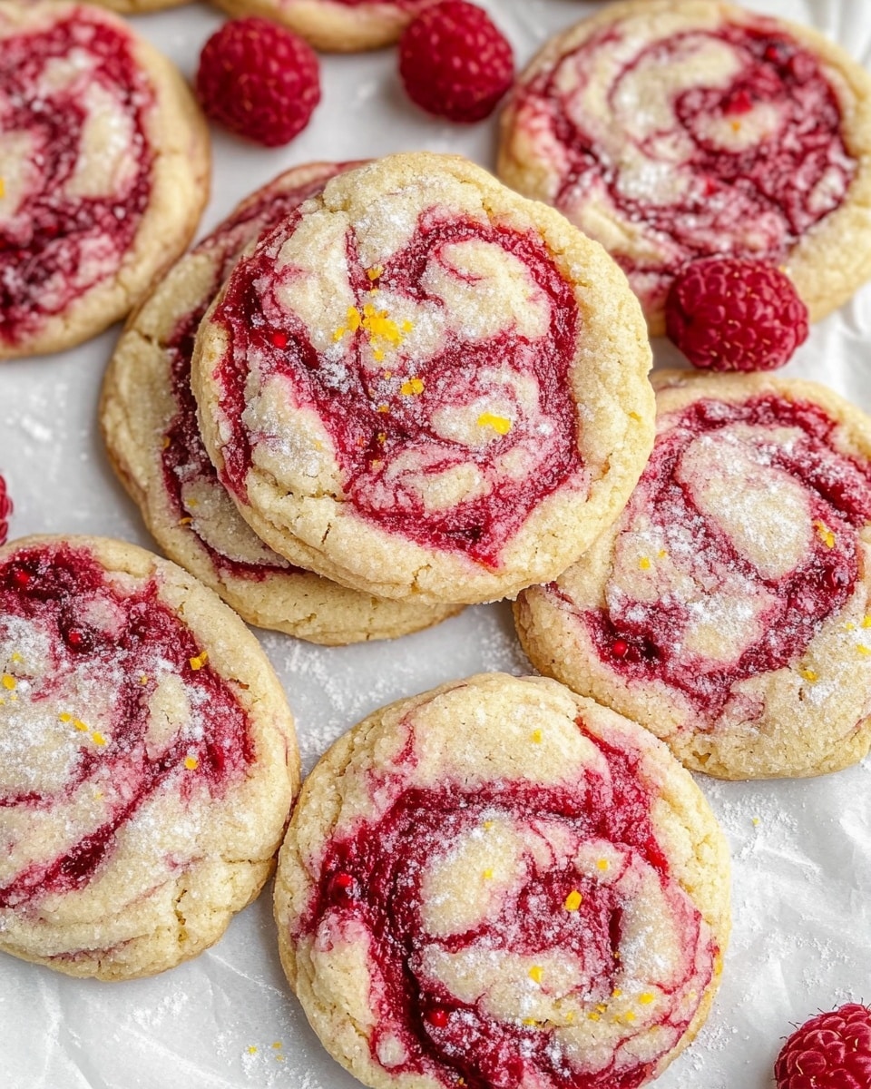 The image shows a close-up of several round cookies arranged closely together on a white marbled surface. Each cookie has two main layers: a creamy light beige base with swirls of red raspberry spread mixed in, creating a marbled red and cream effect. The texture looks soft with slight cracks on top, sprinkled lightly with coarse sugar crystals and small bits of yellow lemon zest. Fresh whole raspberries are scattered among the cookies, adding bright red pops of color. The overall look is fresh and inviting, with a mix of smooth and textured surfaces. photo taken with an iphone --ar 4:5 --v 6.1