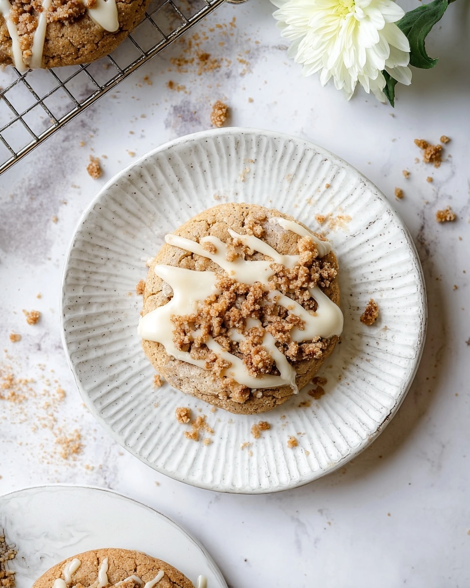 A single round cookie sits centered on a white plate with a textured edge design, placed on a white marbled surface. The cookie's base layer is light brown with a soft texture, topped with a crumbly, darker brown streusel layer scattered unevenly on top. There are thick white icing drizzles across the crumbs, with one larger dollop of icing in the upper right area of the cookie. Small crumbs of the streusel are also scattered on the plate and surrounding surface. In the top left corner, part of another cookie with similar layers and icing is visible on a cooling rack, and to the right of the plate is a white flower with a green stem. Photo taken with an iphone --ar 4:5 --v 7
