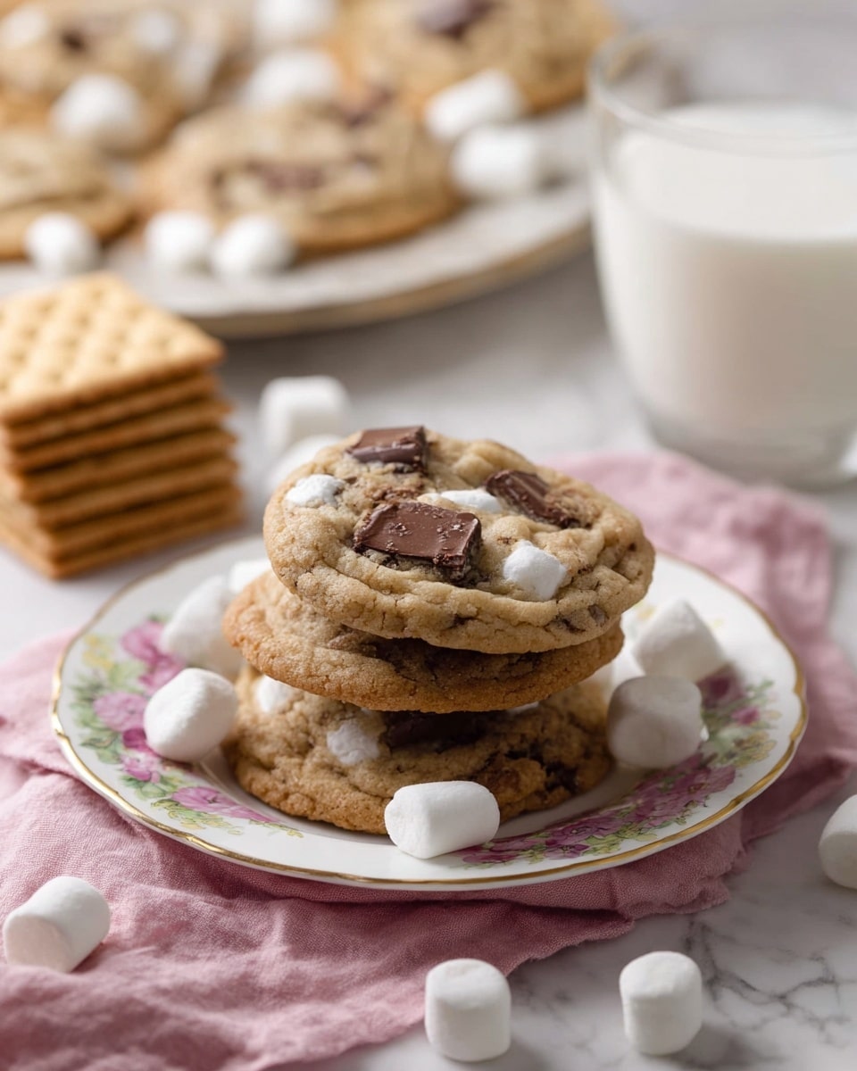 The image shows a close-up of soft, round cookies cooling on a rose gold wire rack. Each cookie has a light golden-brown color with a slightly chewy texture and visible pieces of melted milk chocolate chunks and white marshmallows embedded on top. The cookies are evenly spaced on the rack, and the background is a white marbled surface that adds a clean and bright look to the scene. photo taken with an iphone --ar 4:5 --v 7