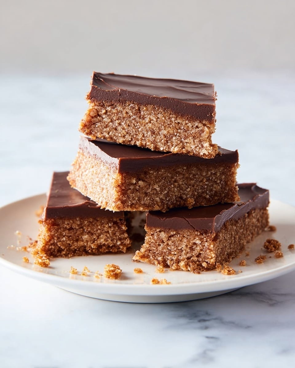The image shows several triangular pieces of chocolate dessert laid out close together on a white marbled surface. Each piece has two layers: a bottom layer that is a thick, dense, and textured chocolate base, and a smooth, shiny milk chocolate layer on top with a few small dimples and soft swirls. The chocolate layer covers the entire top surface cleanly and evenly. The edges of the triangles are sharp and crumb bits are scattered lightly on the surface near the pieces. Photo taken with an iphone --ar 4:5 --v 7