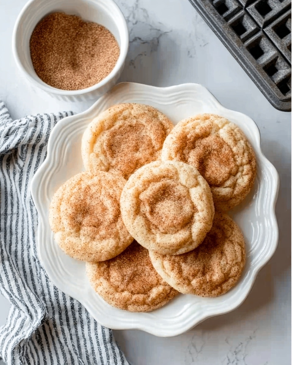 Seven round cookies with a light golden-brown color and a slightly cracked top are arranged in a flower shape on a white plate with scalloped edges. The plate sits on a white marbled surface next to a small white bowl filled with a mixture of cinnamon and sugar. A striped cloth is partially visible on the left side, and a waffle iron lies in the top right corner. A woman's hand is holding the plate from the left side. Photo taken with an iphone --ar 4:5 --v 7